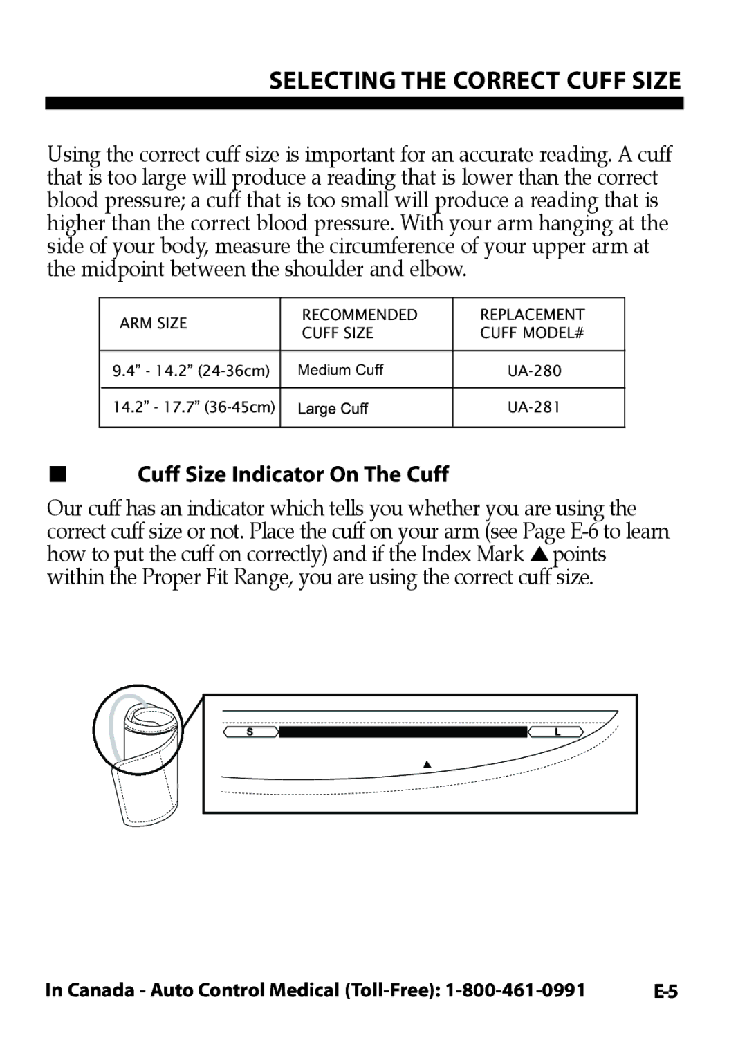 LifeSource UA-631V manual SELECTING THE CORRECT CUFF Size, Cuff Size Indicator On The Cuff 